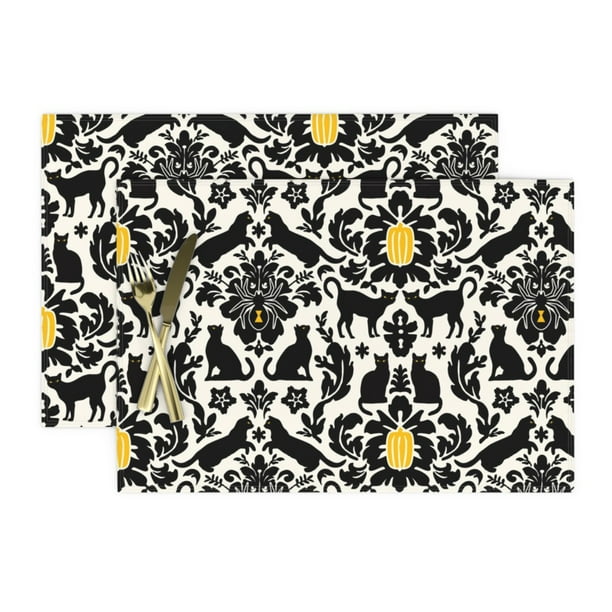 Cloth Placemats Cat Damask Kitty Vintage Black And White Pumpkin Set of 2 